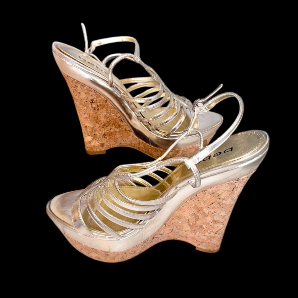BEBE SILVER platform Carmelo wedges women’s cork heels shoes size 10 - Picture 7 of 17